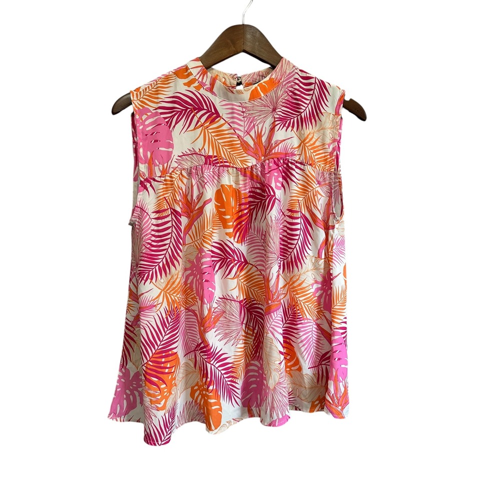 A Love Story Women's Tropical Leaf Print Mock Neck Sleeveless Top Size M